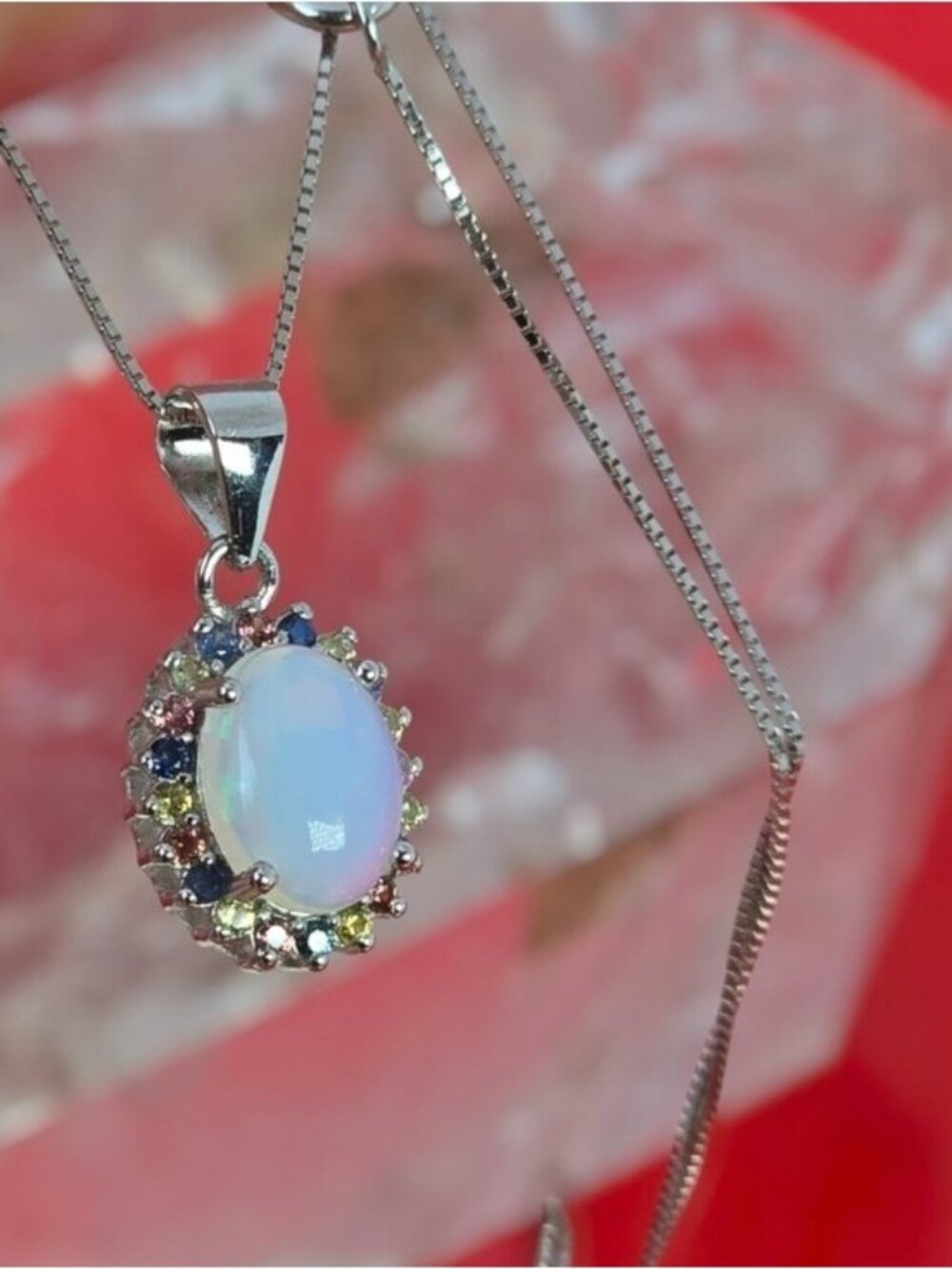 925 Sterling Silver Necklace 18" with Natural White Opal & Sapphire
